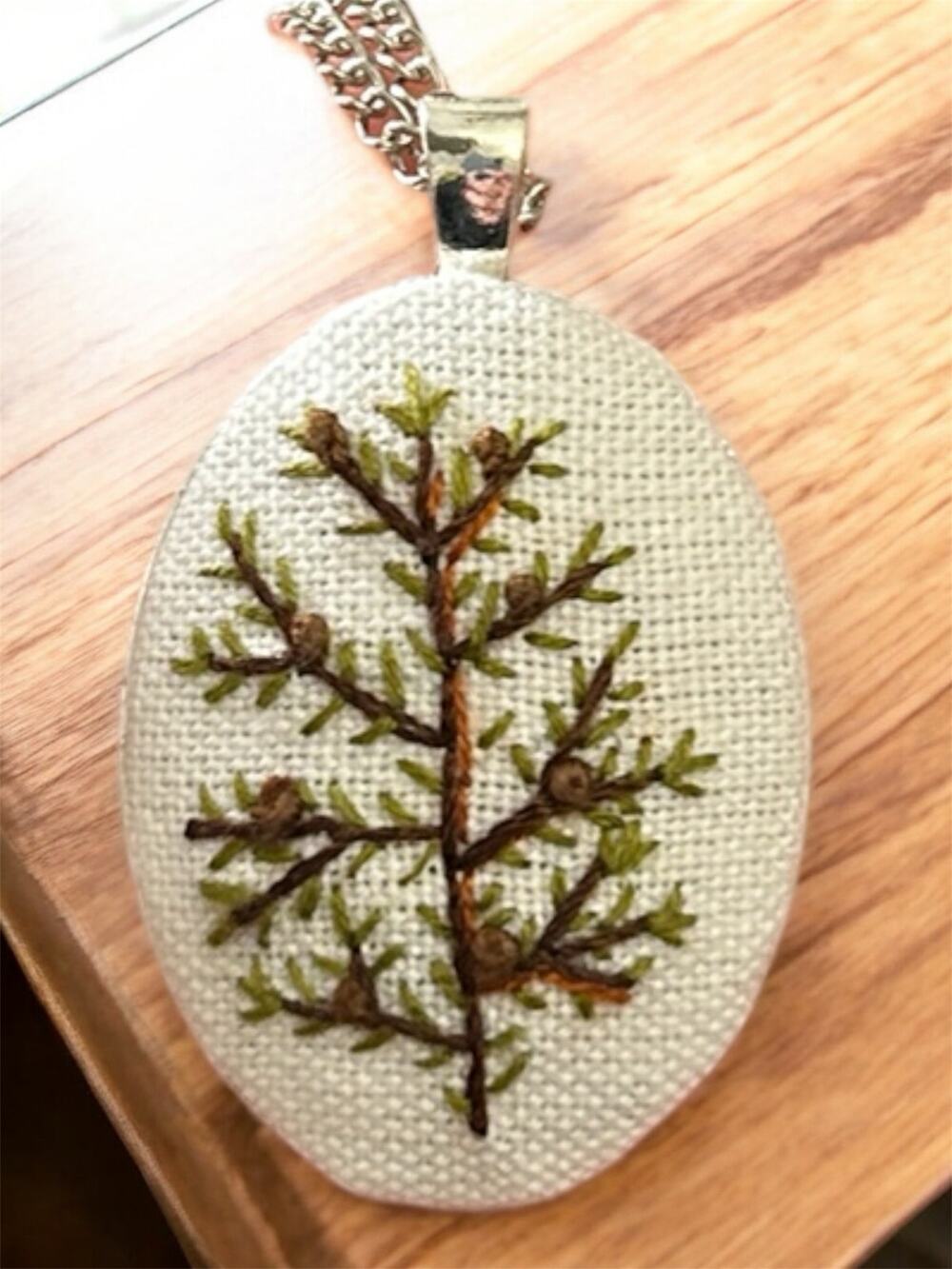 Pine Tree Embroidery Necklace, Handmade Pendant